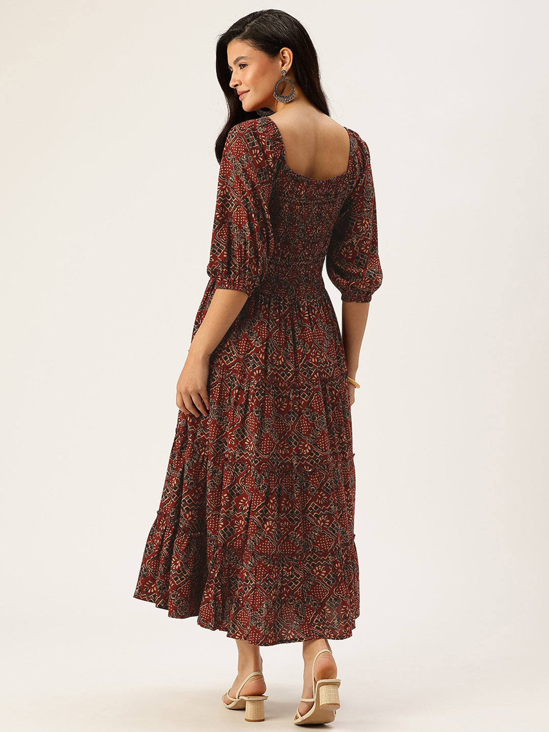 Maroon Floral Printed Fit & Flare Midi Ethnic Dress
