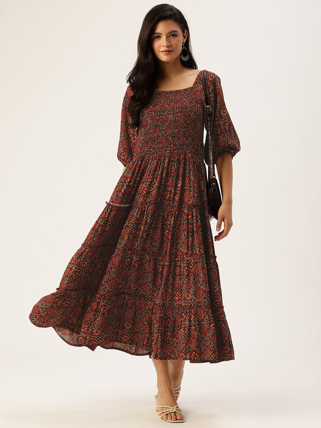 Maroon Floral Printed Fit & Flare Midi Ethnic Dress