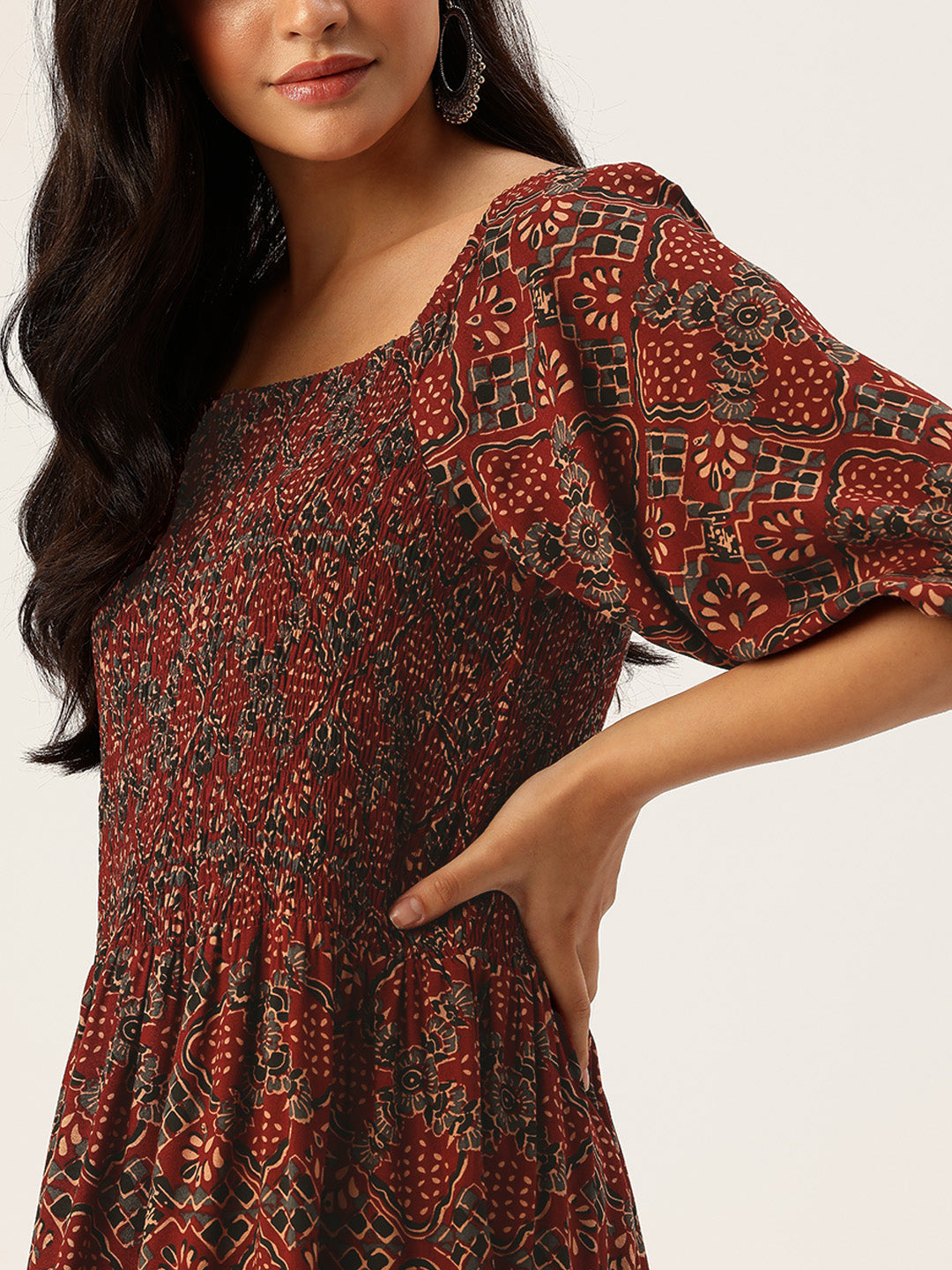 Maroon Floral Printed Fit & Flare Midi Ethnic Dress