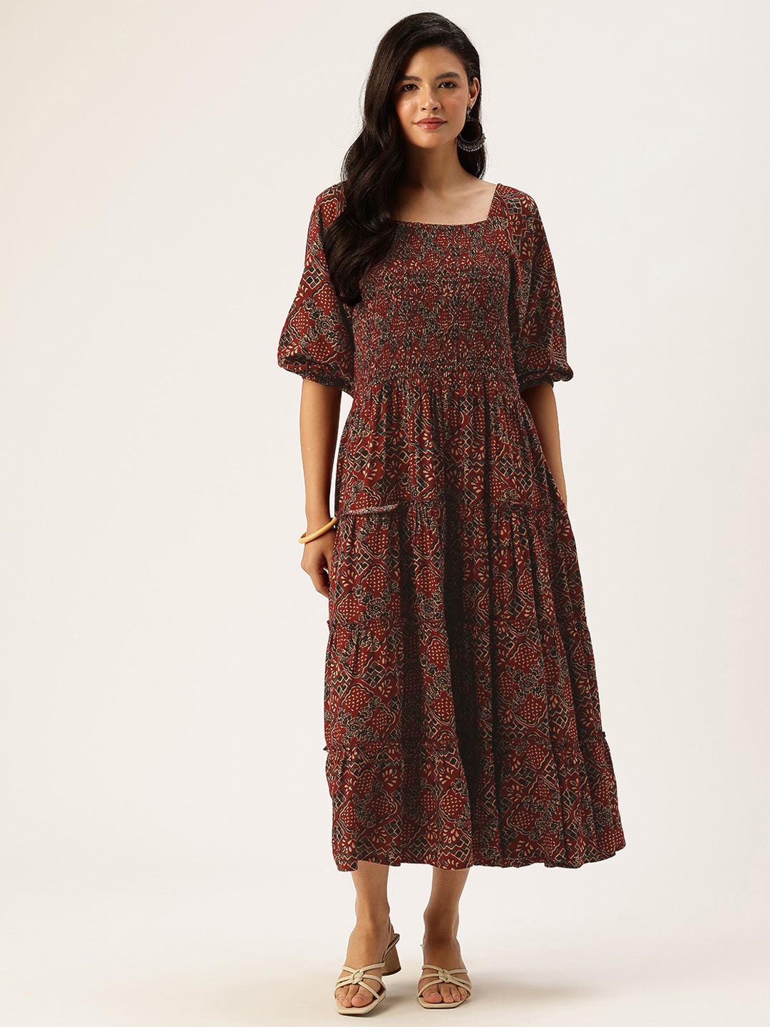 Maroon Floral Printed Fit & Flare Midi Ethnic Dress