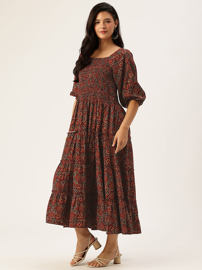 Maroon Floral Printed Fit & Flare Midi Ethnic Dress