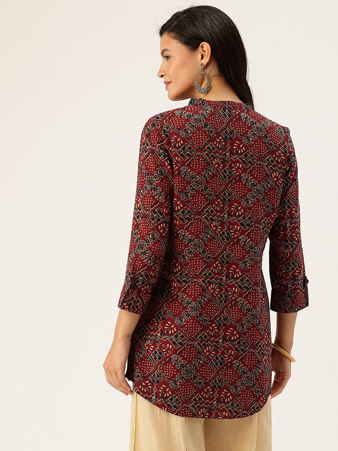 Maroon Floral Printed Mandarin Collar Tunic