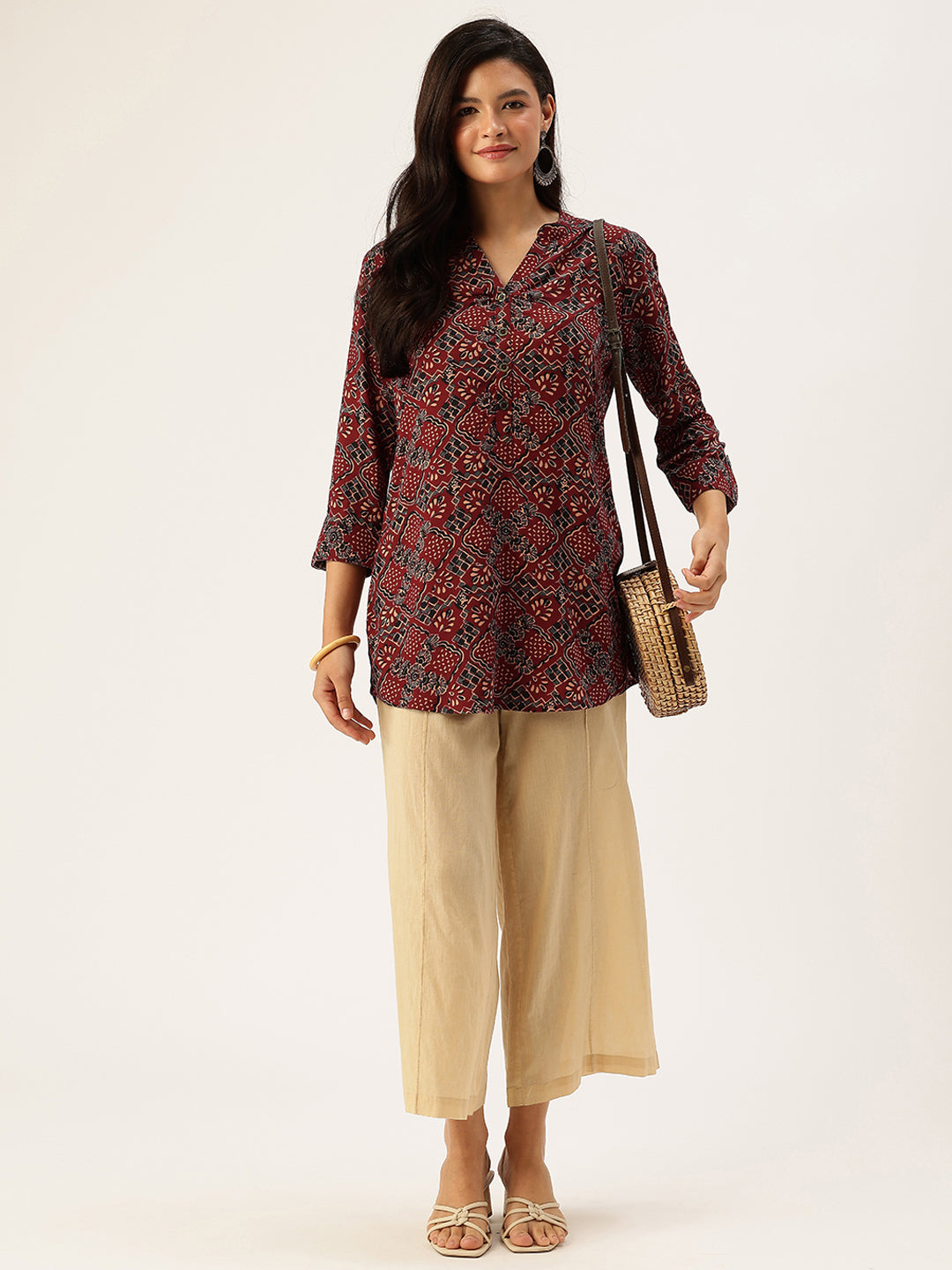 Maroon Floral Printed Mandarin Collar Tunic