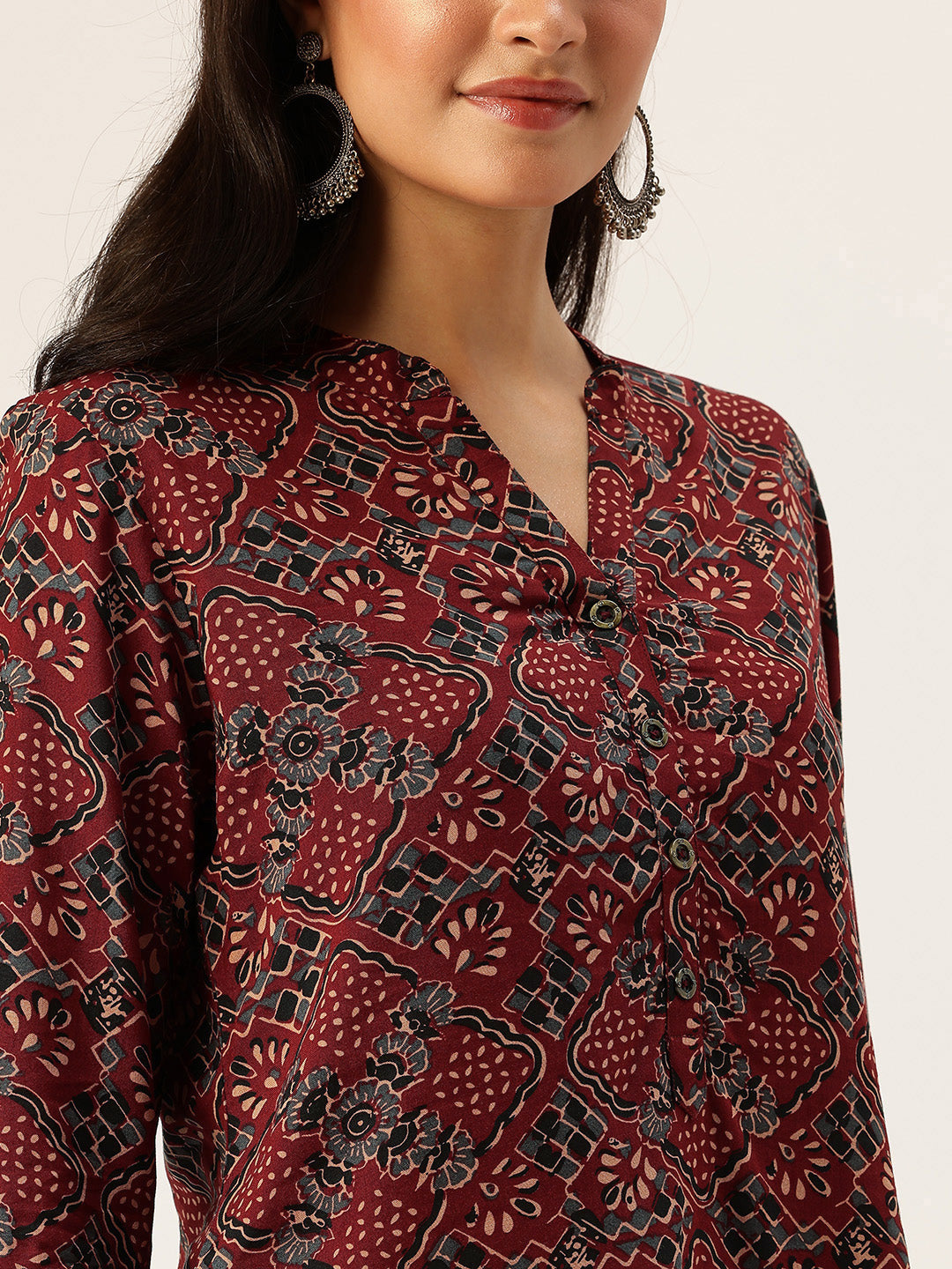 Maroon Floral Printed Mandarin Collar Tunic