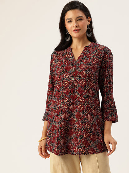 Maroon Floral Printed Mandarin Collar Tunic