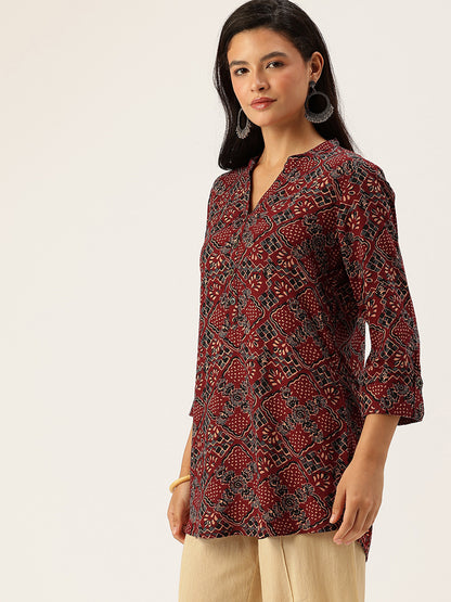 Maroon Floral Printed Mandarin Collar Tunic