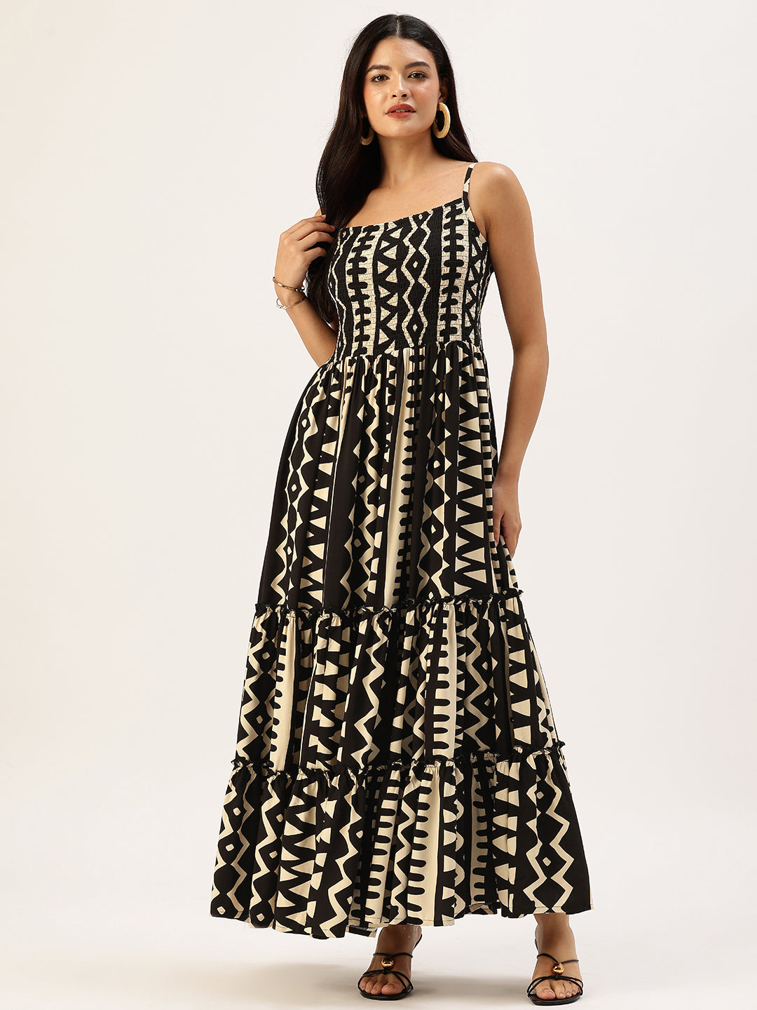 Beige Zig Zag Printed Fit & Flare Midi Dress