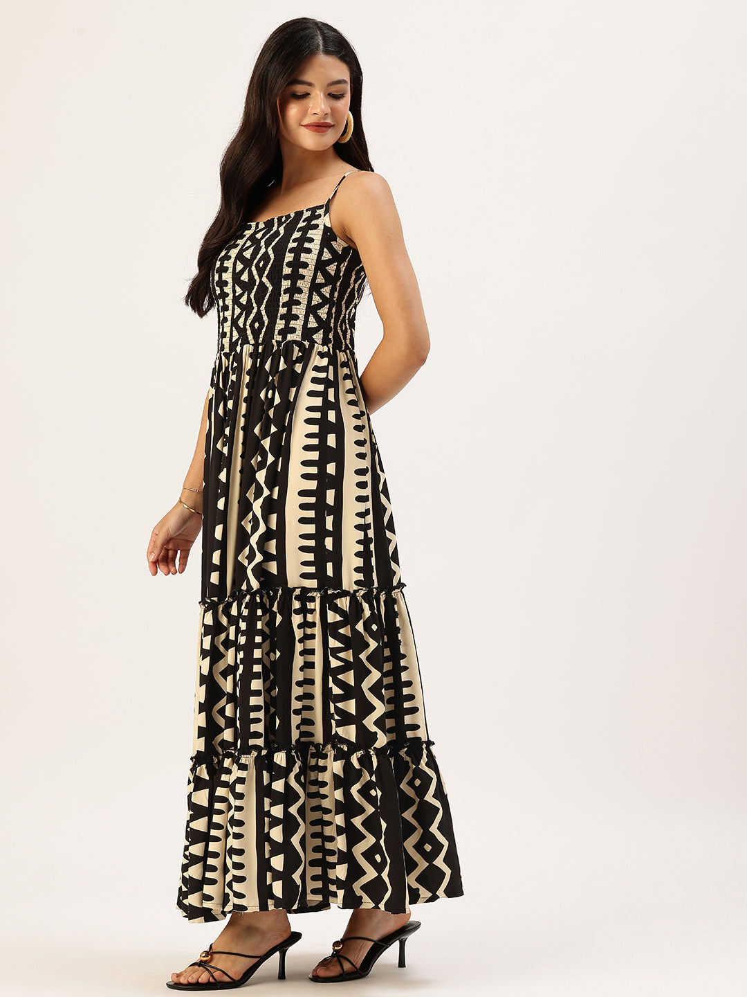 Beige Zig Zag Printed Fit & Flare Midi Dress