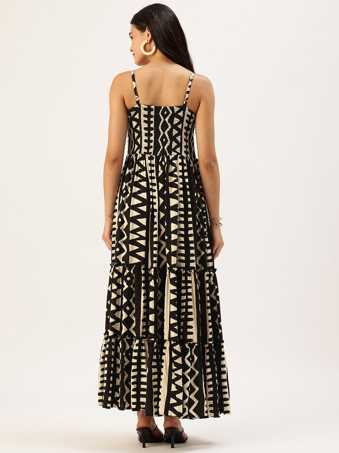 Beige Zig Zag Printed Fit & Flare Midi Dress
