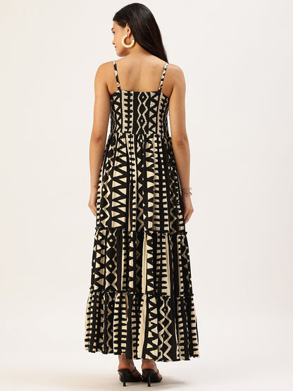 Beige Zig Zag Printed Fit & Flare Midi Dress