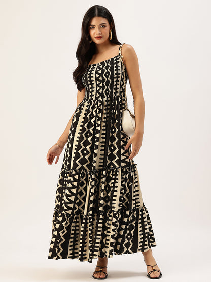 Beige Zig Zag Printed Fit & Flare Midi Dress