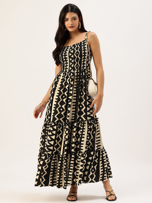 Beige Zig Zag Printed Fit & Flare Midi Dress