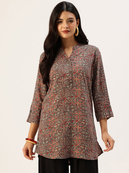Gray Printed Mandarin Collar Tunic