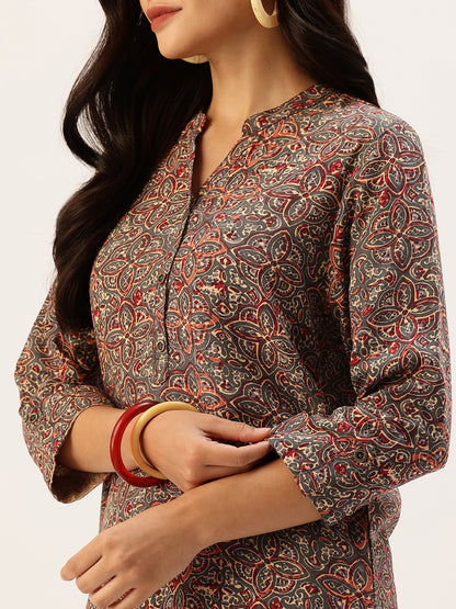 Gray Printed Mandarin Collar Tunic