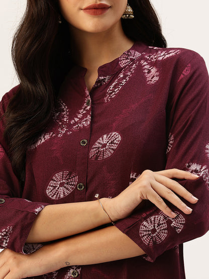 Wine Leaf Printed A - Line Kurta
