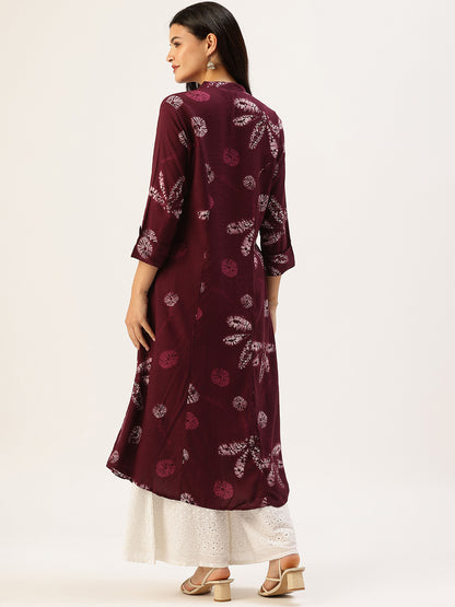 Wine Leaf Printed A - Line Kurta