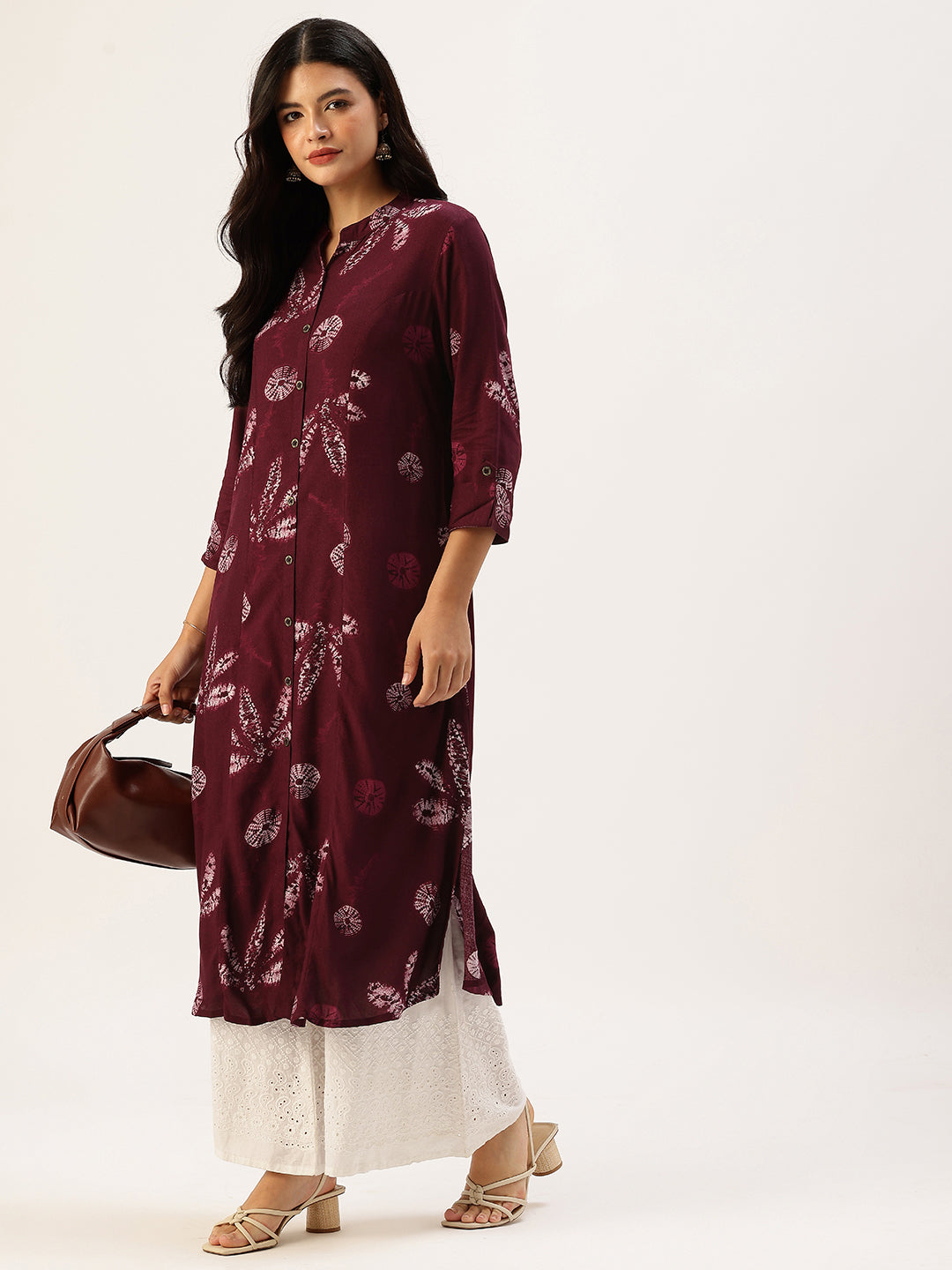 Wine Leaf Printed A - Line Kurta