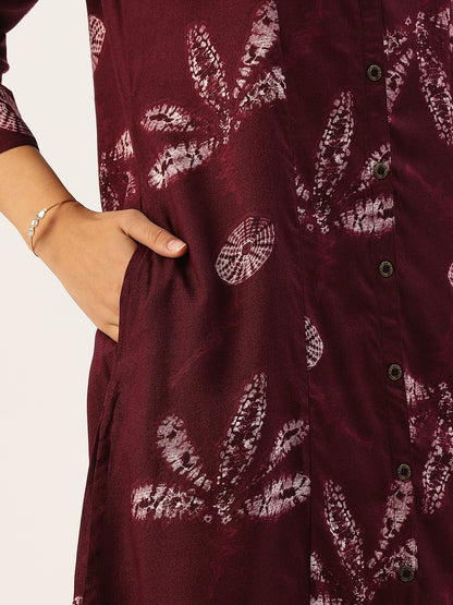 Wine Leaf Printed A - Line Kurta