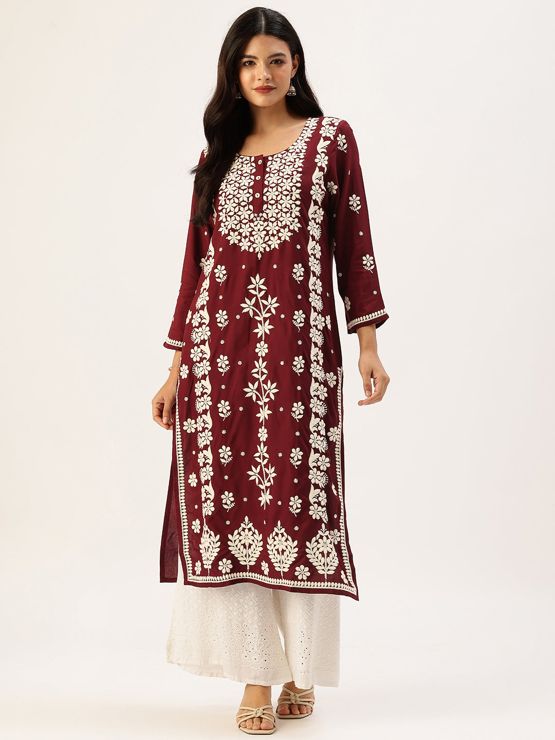 Wine Chikankari Embroidered Straight Kurta