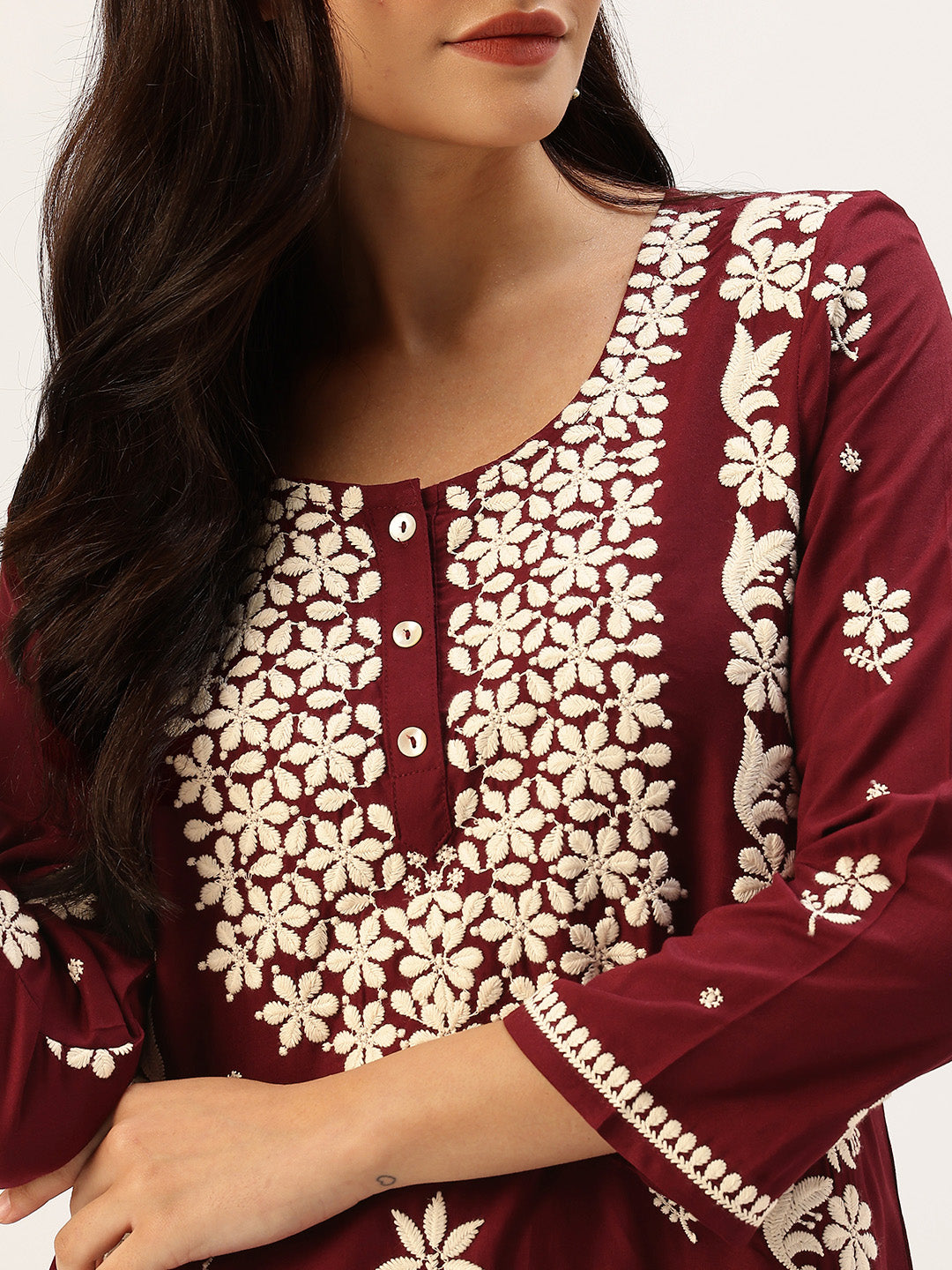 Wine Chikankari Embroidered Straight Kurta
