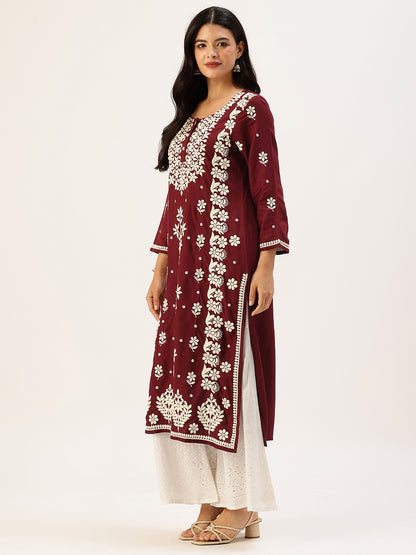 Wine Chikankari Embroidered Straight Kurta