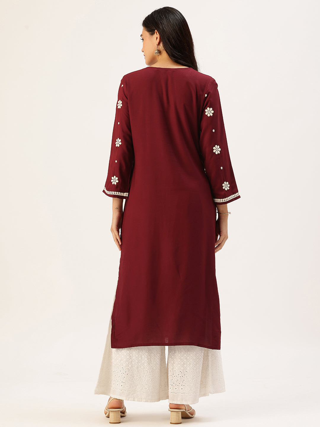 Wine Chikankari Embroidered Straight Kurta