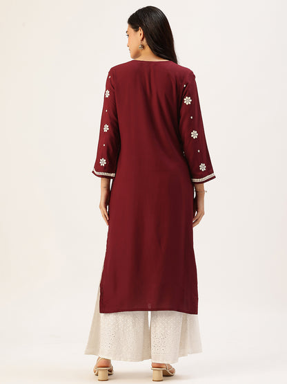 Wine Chikankari Embroidered Straight Kurta