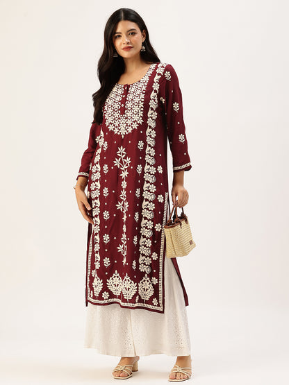Wine Chikankari Embroidered Straight Kurta