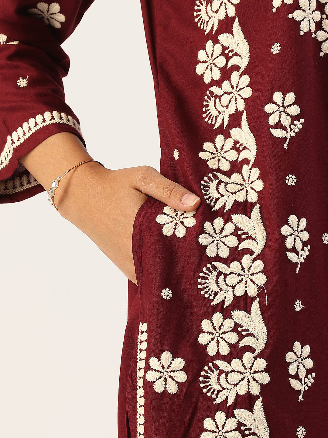 Wine Chikankari Embroidered Straight Kurta