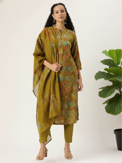 Olive Floral Printed Kurta with Trousers & With Dupatta