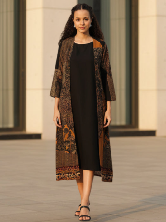 Yellow & Black Round Neck A-Line Midi Dress With Shrug