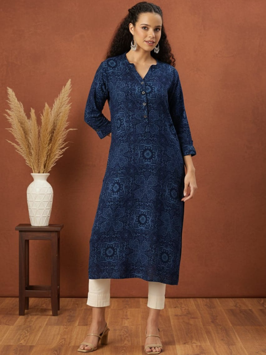 Blue Floral Printed Straight Kurta