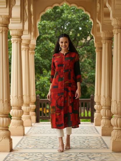 Red Geometric Printed Kurta