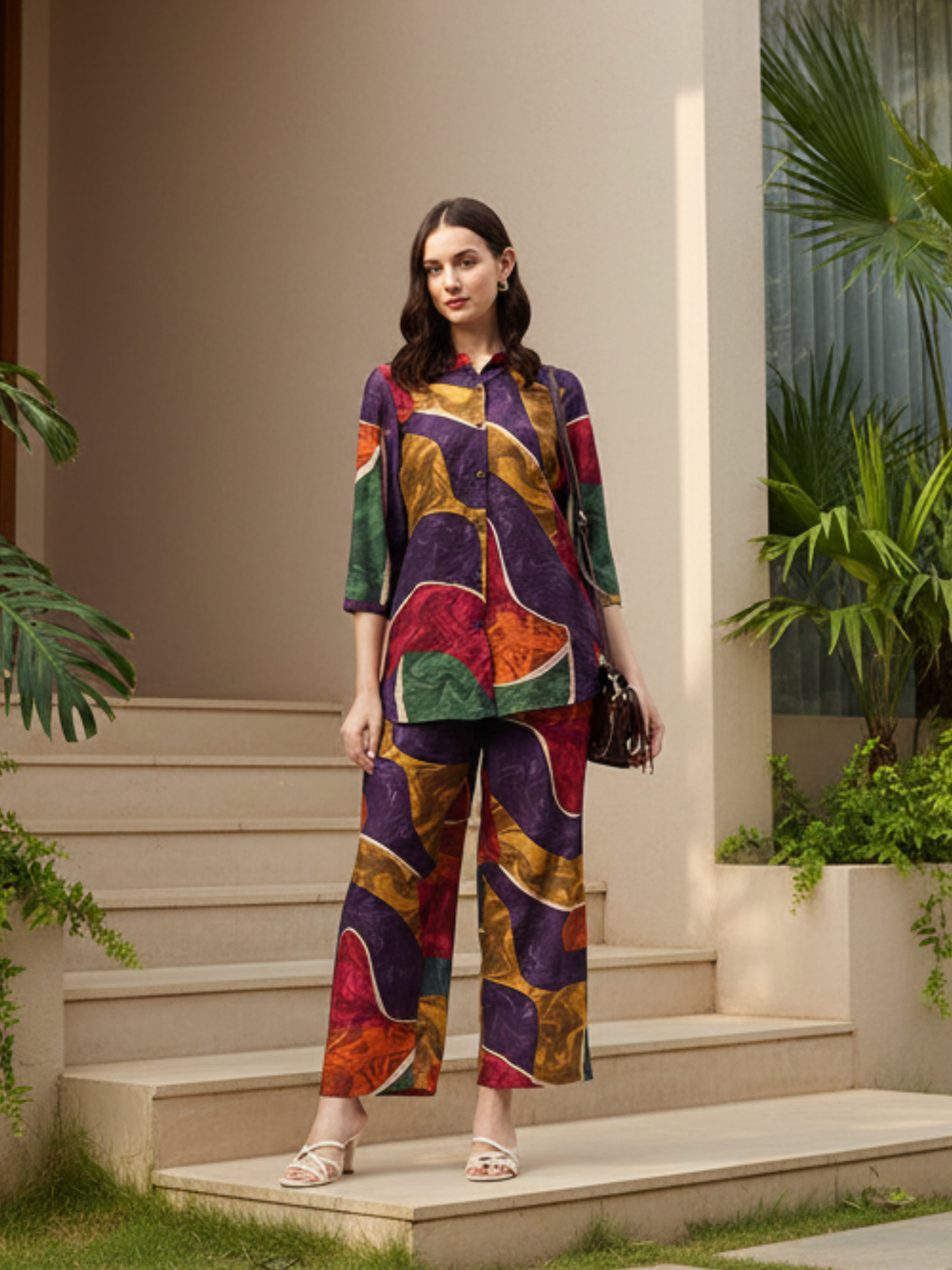 Multi Color Printed Mandarin Collar Co-Ords, Multi Color, Collar Neck, Co-ords Set