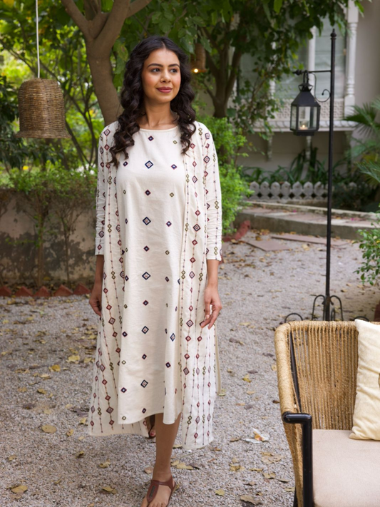 Beige  Embroidered Midi Dress With Shrug