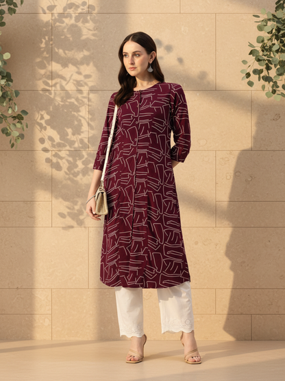 Maroon Geometric Printed A-Line Kurta