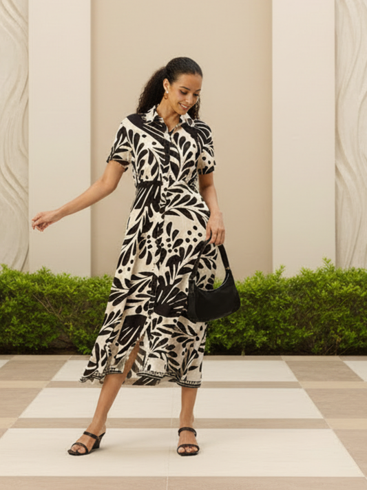 Off White Tropical Print A-Line Midi Dress