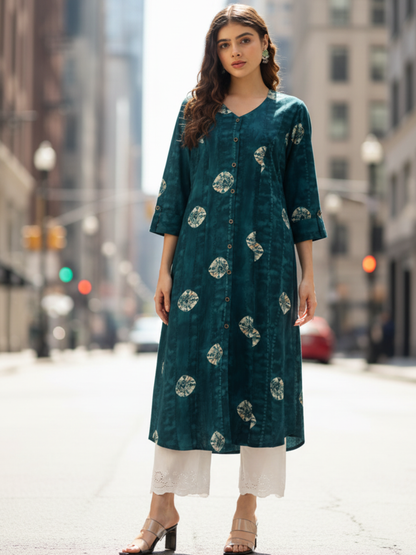 Blue Geometric Dyed V-Neck Straight Kurta