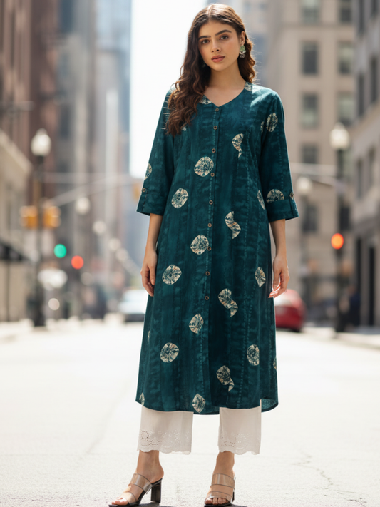 Blue Geometric Dyed V-Neck Straight Kurta