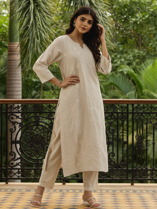 Beige Floral Embroidered Kurta