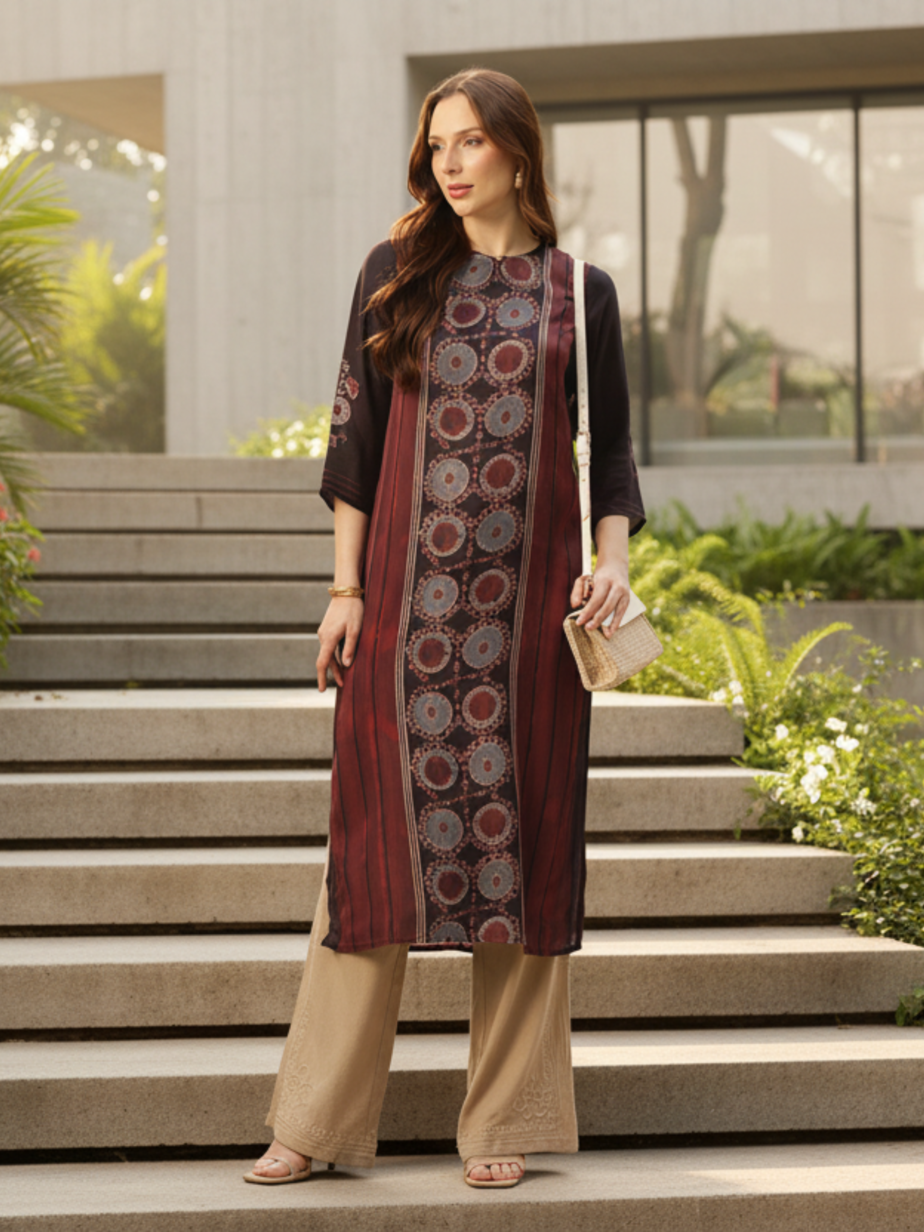 Maroon Round Neck Printed Kurta, Round Neck Kurta, Geometric Design, 3/4th Sleeve