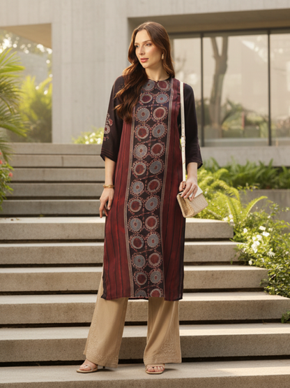 Maroon Round Neck Printed Kurta, Round Neck Kurta, Geometric Design, 3/4th Sleeve