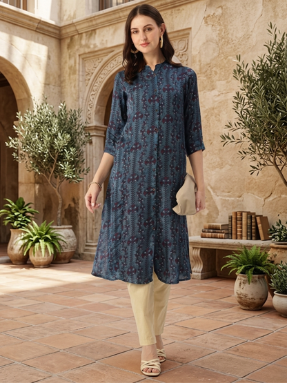 Blue Striped Mandarin Collar A-Line Kurta