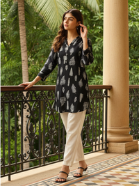 Black Tree Printed Mandarin Collar Tunic