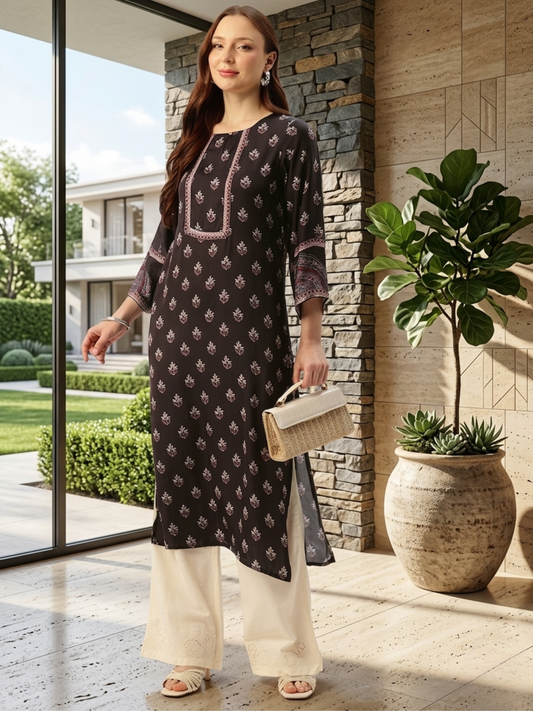 Black Round Neck Printed Kurta