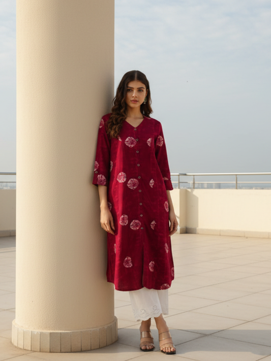 Wine Geometric Dyed V-Neck Straight Kurta