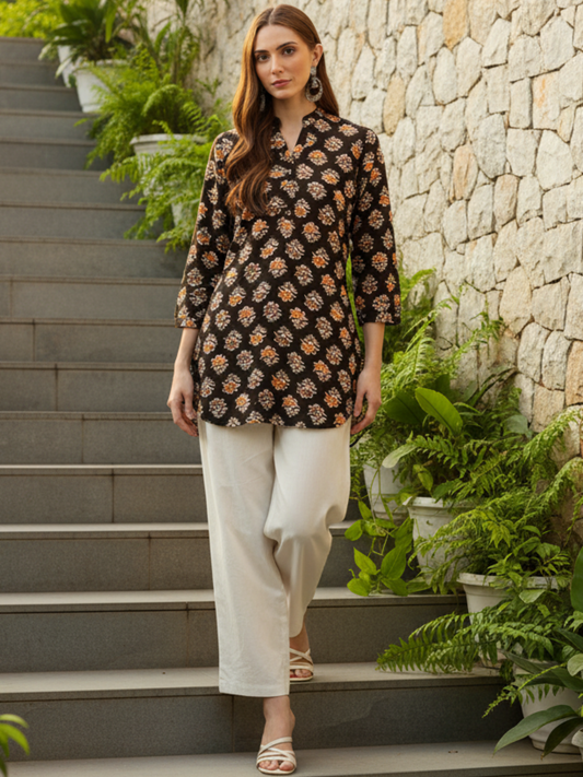 Floral Printed Mandarin Collar Tunic