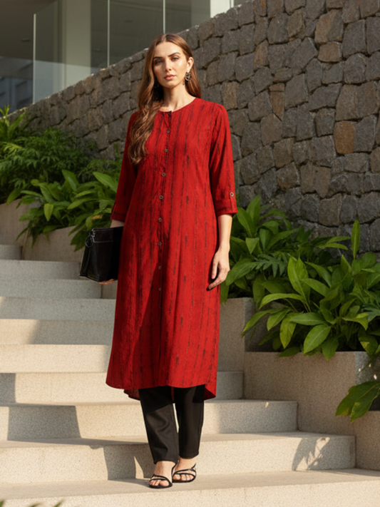 Red Leheriya Printed Roll-Up Sleeves A-Line Kurta
