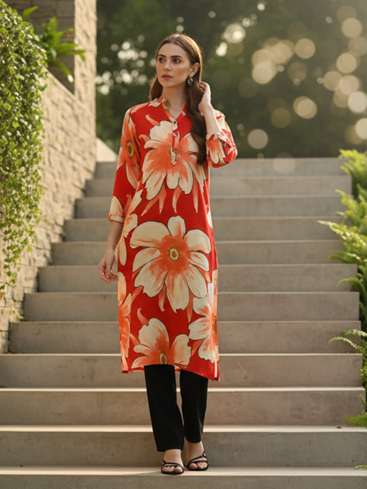 Red Floral Printed Kurta