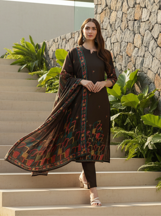 Brown Floral Printed Kurta & Trousers With Dupatta
